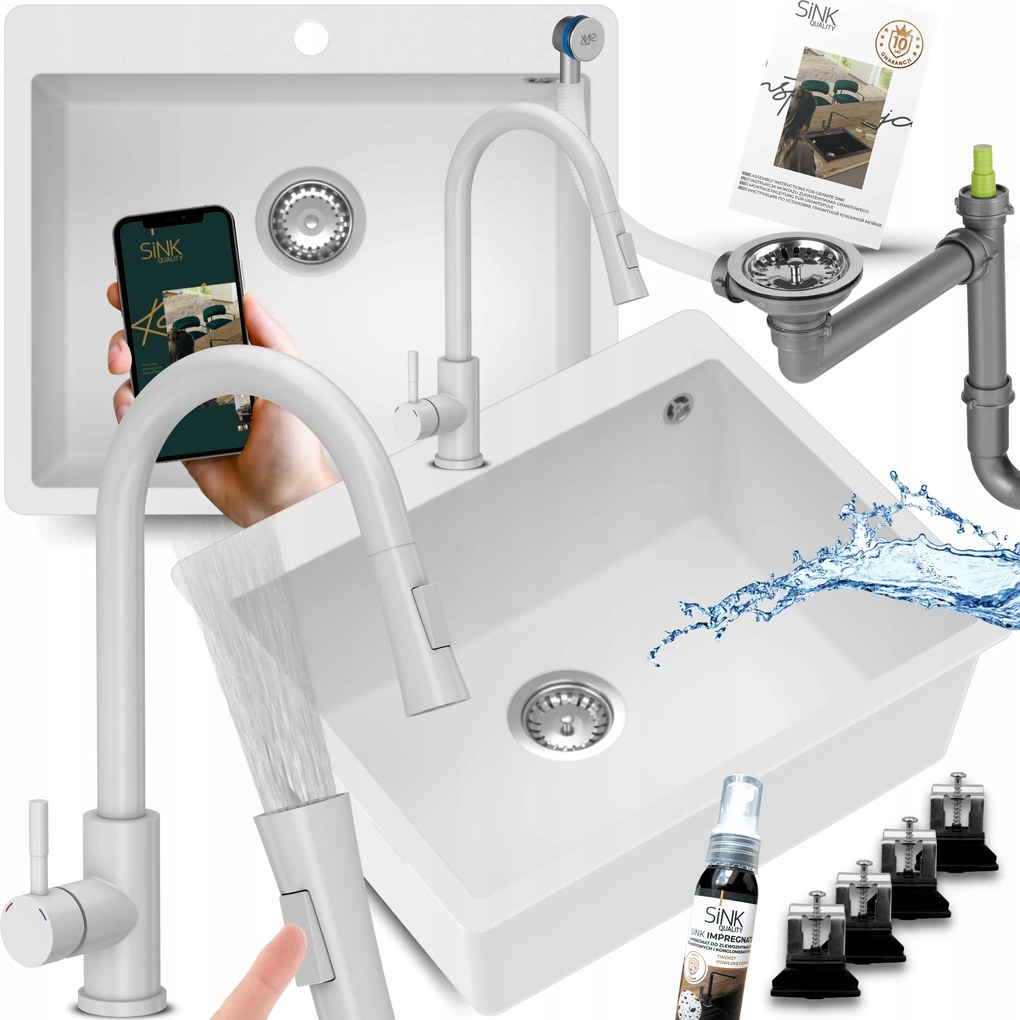 Gránit Mosogató Asztal Alatti Fehér Egykamrás Konyhai Csaptelep 8in1