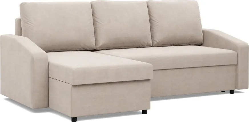 Zeus sarokkanapé, 2 ágyneműtartóval, döntött kartámasz, bársony, univerzális oldal, hab töltet, bézs