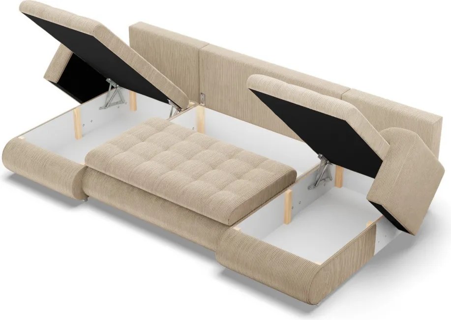 Tokio U alakú sarokkanapé, 3 ágyneműtartóval, kordbársony, univerzális oldal, bézs