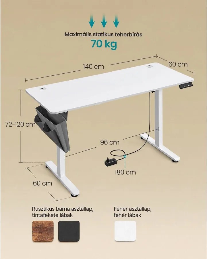 SONGMICS elektromosan állítható magasságú íróasztal 4 memóriahellyel, 140 x 60 x 72–120 cm, max. 70 kg, felhőfehér