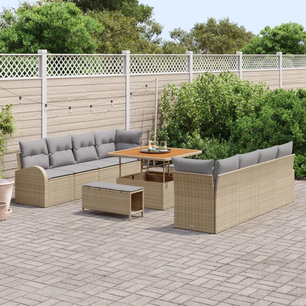 11 Darabos Kerti Sofa Szett Párnákkal Bézs Poli Rattan Akác, 2-személyes Kerti Sofa Tárolóval és Párnákkal Bézs Poli Rattan, 3 Darabos Kerti Étkező Szett Párnákkal Bézs Poli Rattan Akác