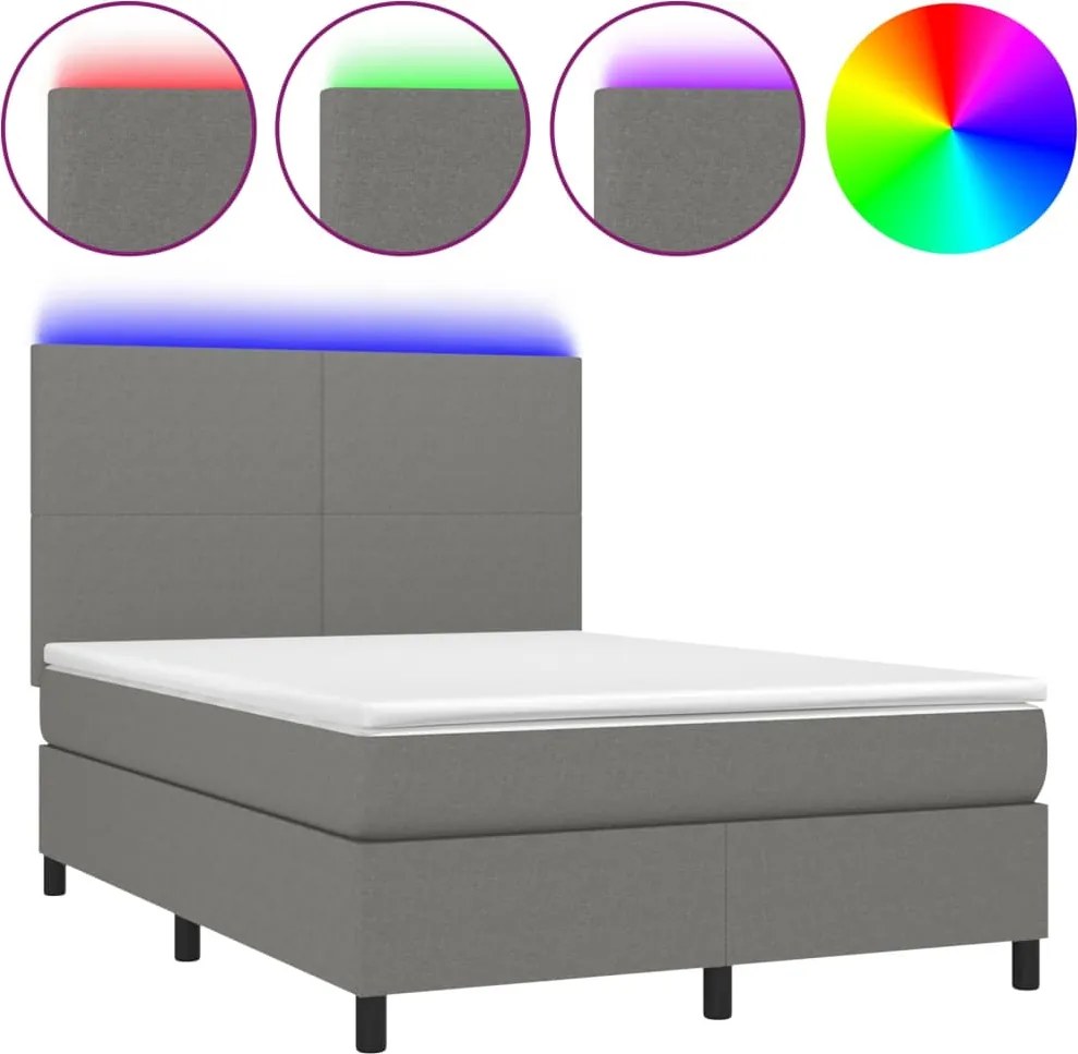vidaXL sötétszürke szövet rugós és LED-es ágy matraccal 140x190 cm