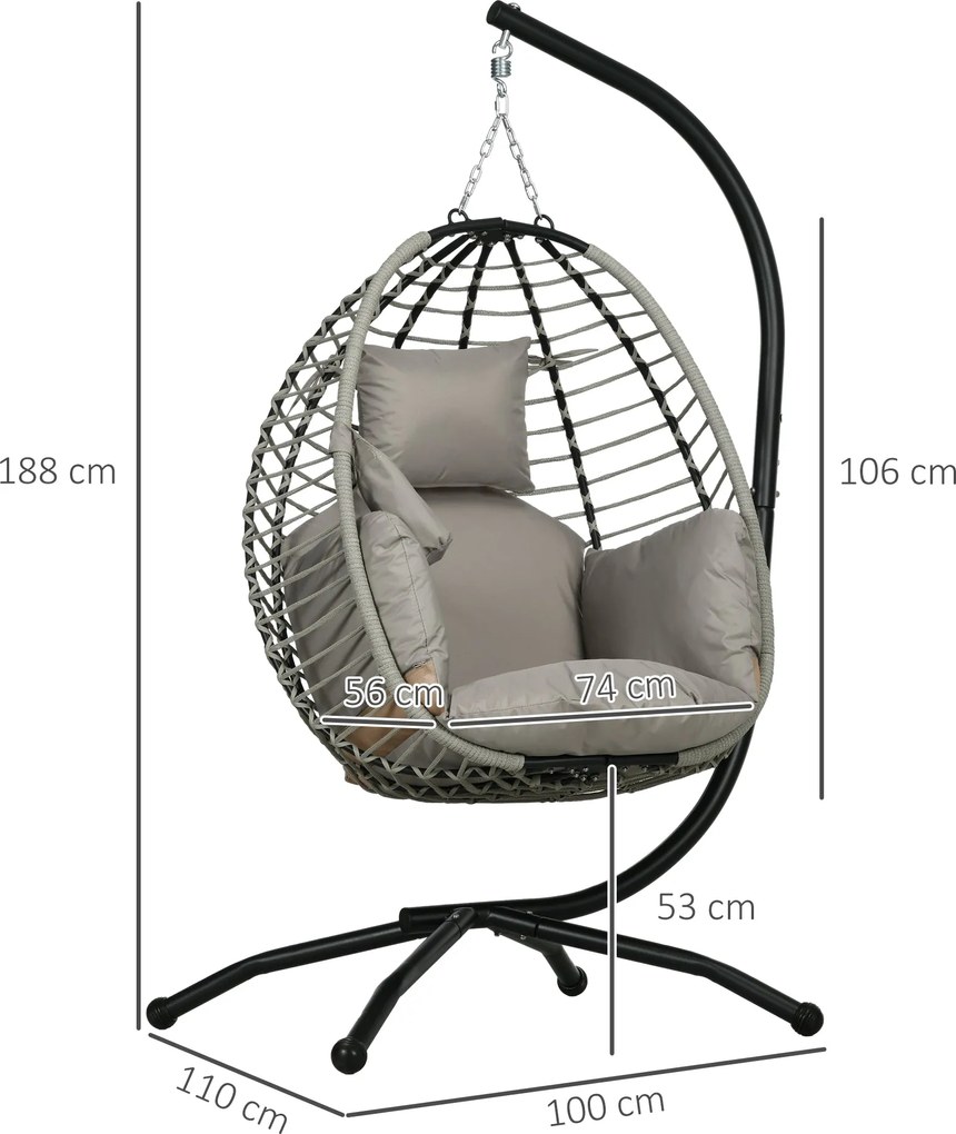 Outsunny Hajtható Függő Tojáshinta Párnával és Állvánnyal, Belső és Külső Használatra, Fém, Polipropilén Kötél, Szürke, 110L x 100W x 188H cm | Aosom