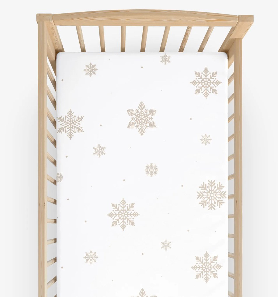 Goldea gyermek gumis pamut lepedő kiságyba - hópelyhek fehéren 60 x 120 cm