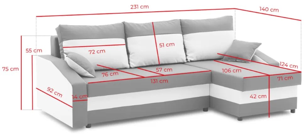 WELTA ágyazható sarok ülőgarnitúra, 235x85x139, szürke/fehér, mikrofáze10/fehér