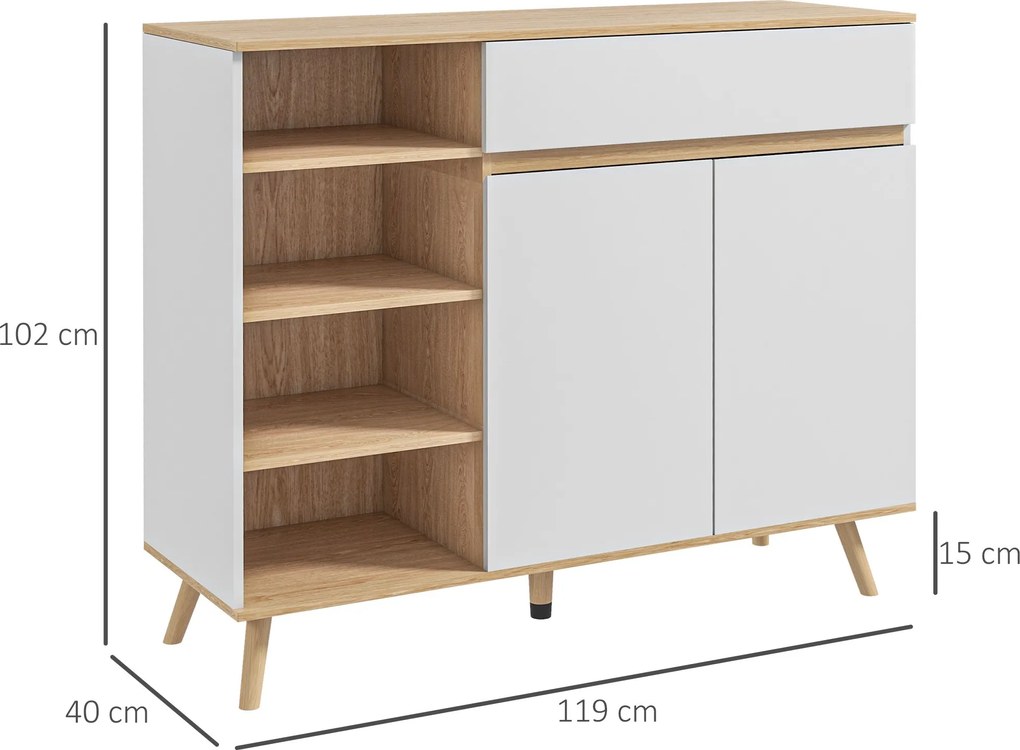 HOMCOM Skandináv Stílusú Állítható Polcos Tároló Szekrény Kétajtós Fiókkal és 4 Polccal, 119 x 40 x 102 cm, Fehér | Aosom