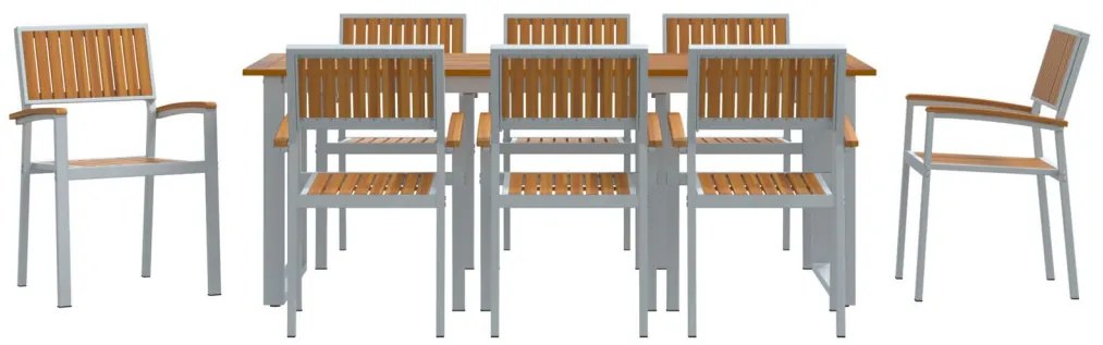 9 darabos kerti étkező szett szürke acélből és tömör akácfából