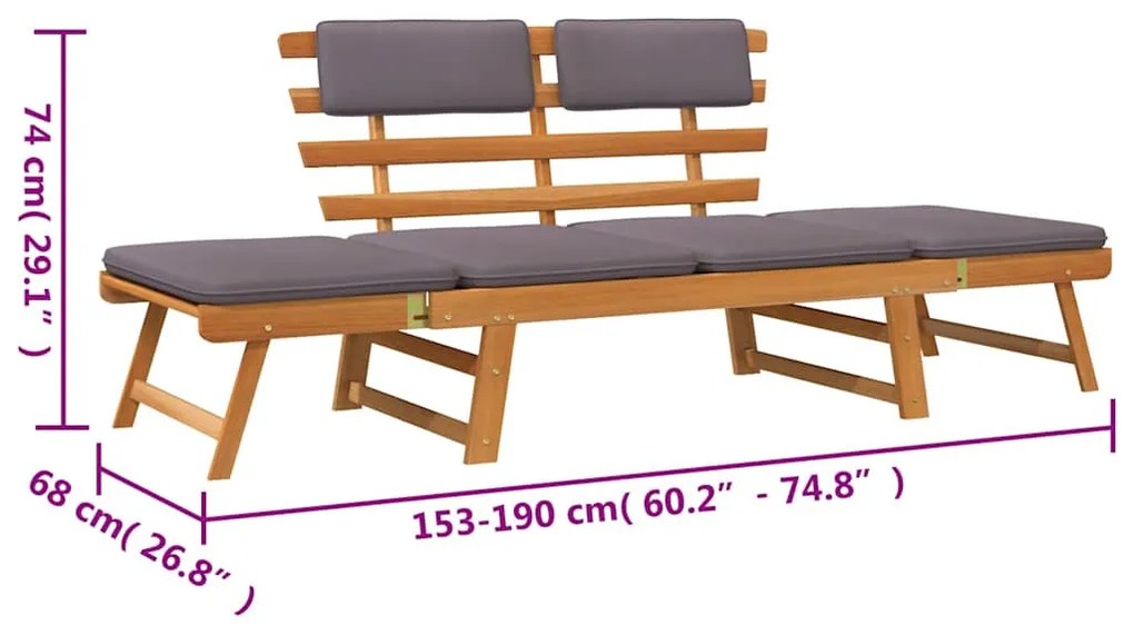 2 az 1-ben tömör akácfa kerti fotelágy párnával 190 cm