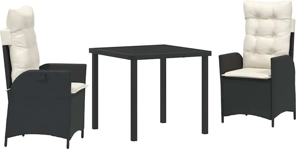 vidaXL Kert étkező szett párnával 3 pcs Fekete polirattan