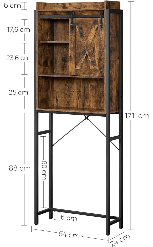 Mosógép feletti tárolószekrény, fürdőszoba szekrény, rusztikus barna 64x24x171cm