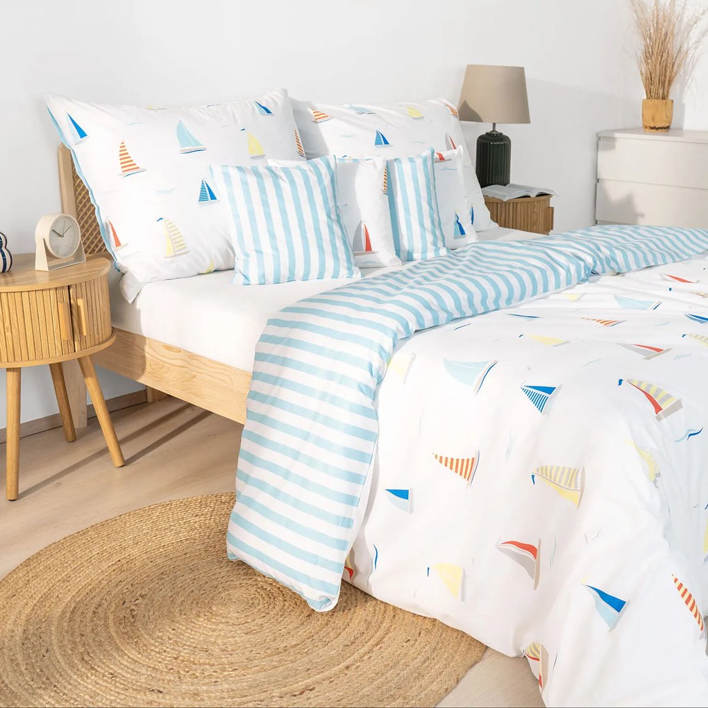 Goldea pamut ágyneműhuzat - vitorlások, kék csíkos hátoldal 220 x 200 és 2db 70 x 90 cm