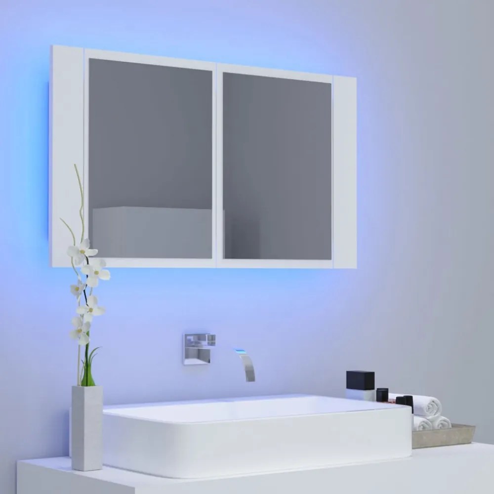 fehér akril LED-es fürdőszobaszekrény tükörrel 80x12x45 cm