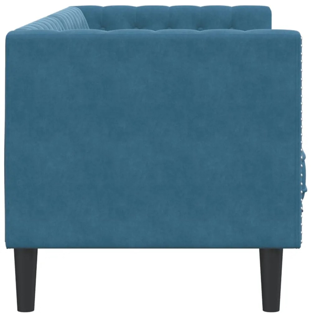 3 személyes kék bársony Chesterfield kanapé hengerpárnákkal