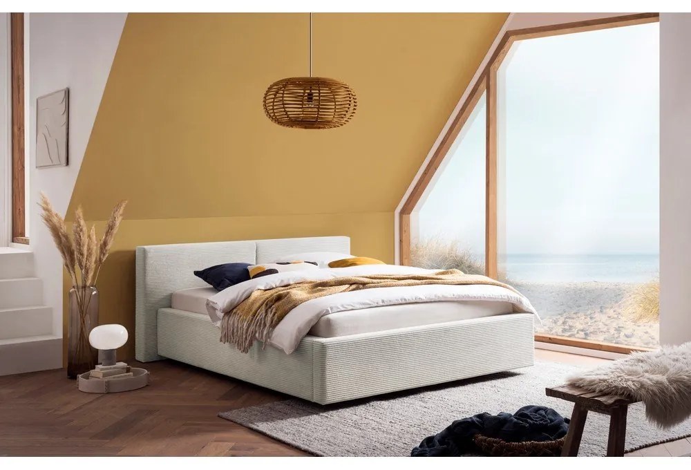 Bézs kárpitozott ágyneműtartós franciaágy ágyráccsal 140x200 cm Cube – Meise Möbel