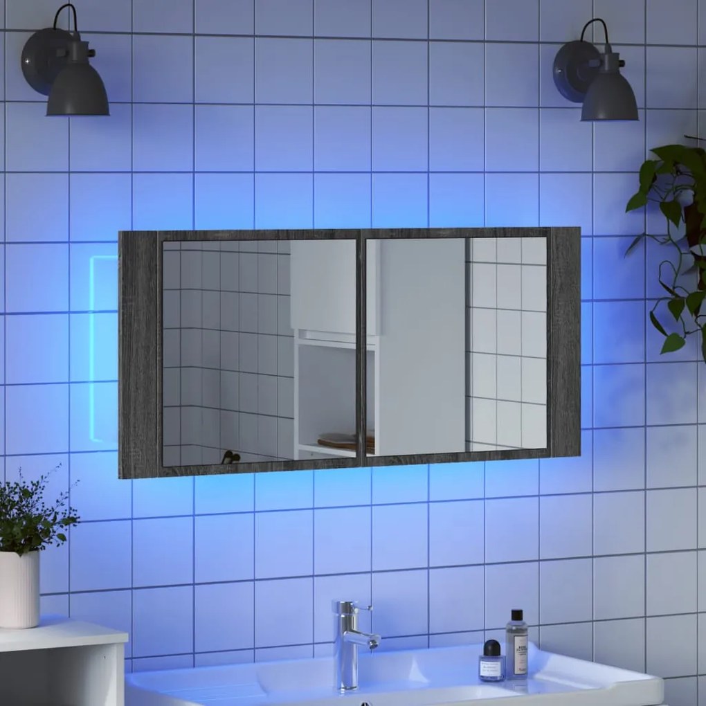 szürke sonoma LED-es tükrös fürdőszobaszekrény 100 x 12 x 45 cm
