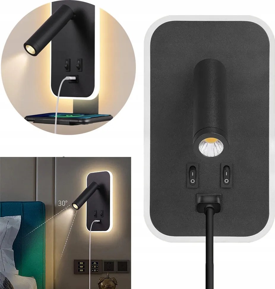 Fali lámpa Led Olvasó Fali Lámpa Kapcsoló fekete Usb Usb-c