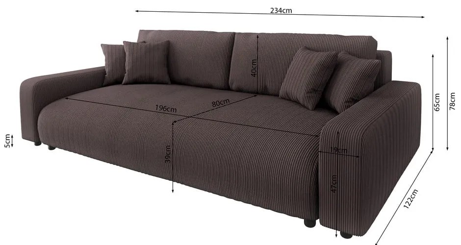 Barna kordbársony kinyitható tárolóhelyes kanapé 234 cm Sara – Ropez