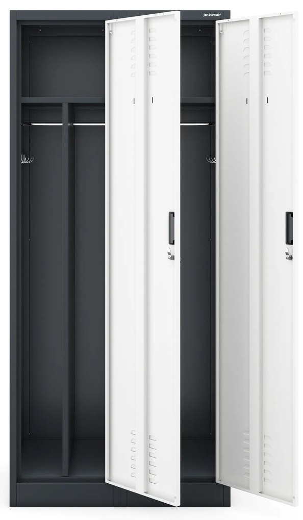 Pléh öltözőszekrény talpazaton, kétmodulos, polccal és köztes fallal KACPER, 800 x 1800 x 500 mm, antracit-fehér