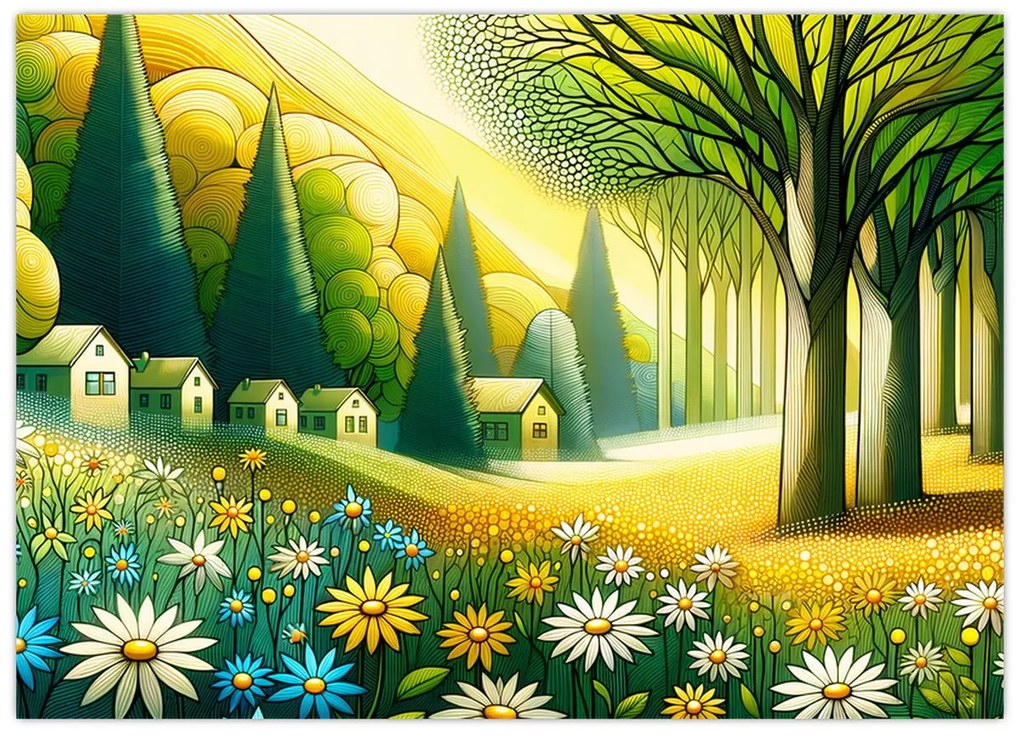 Kép - Falu sárga-zöld színekben (70x50 cm)