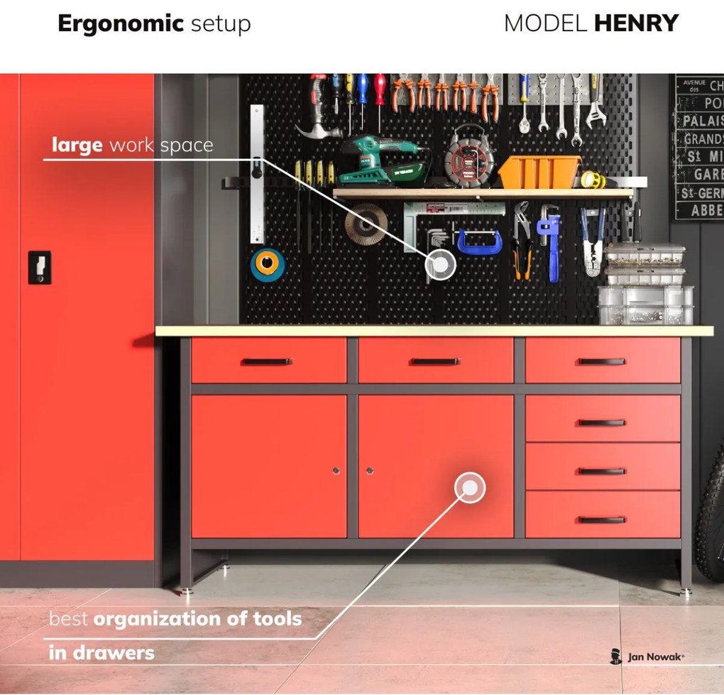 Műhelyasztal, fiókokkal és szekrénnyel HENRY, 1700 x 850 x 600 mm, fekete