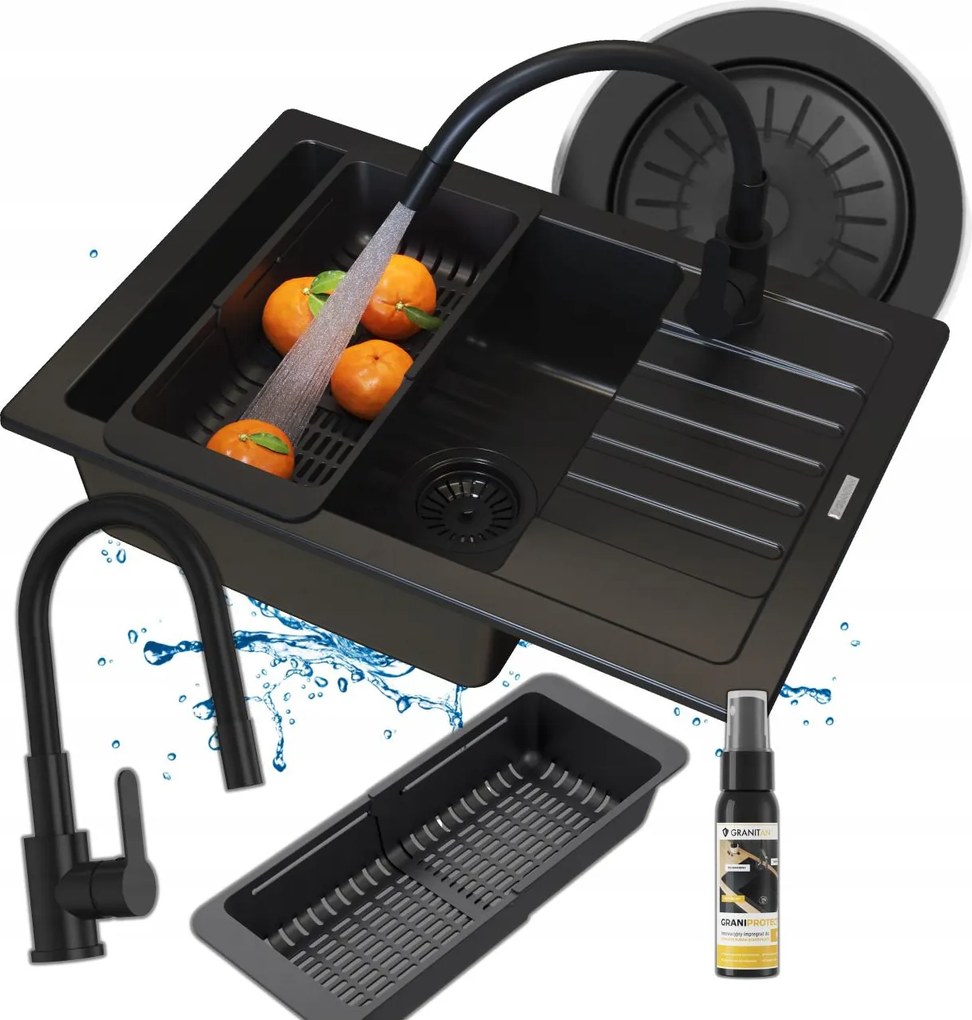 Egymedencés gránit mosogató Argos fekete csaptelep szett Szifon kosár 5in1