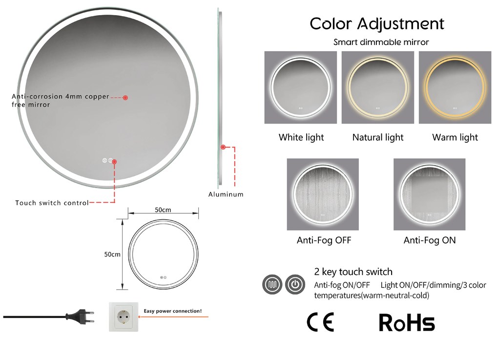 Erga Carla, kerek LED tükör 50cm, 1150 lm, 3 színű fény, ERG-V01-208-5050