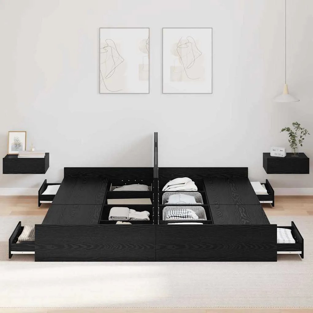 Ágykeret tárolóval fejtámlával Musta tammi 180 x 200 cm Faanyag