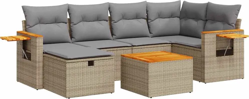vidaXL 7 részes bézs polyrattan kerti ülőgarnitúra párnákkal