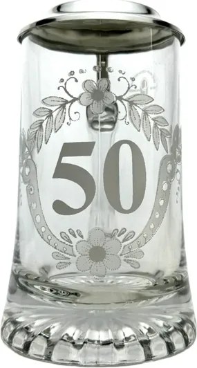 50. évfordulós söröspohár ónfedővel, korsó, 0,4 l