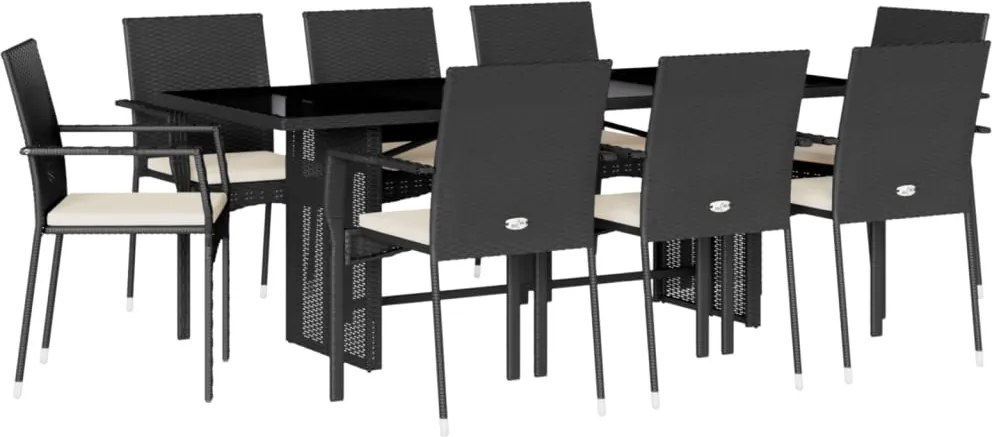 vidaXL 9 részes fekete polyrattan kerti étkezőgarnitúra párnákkal