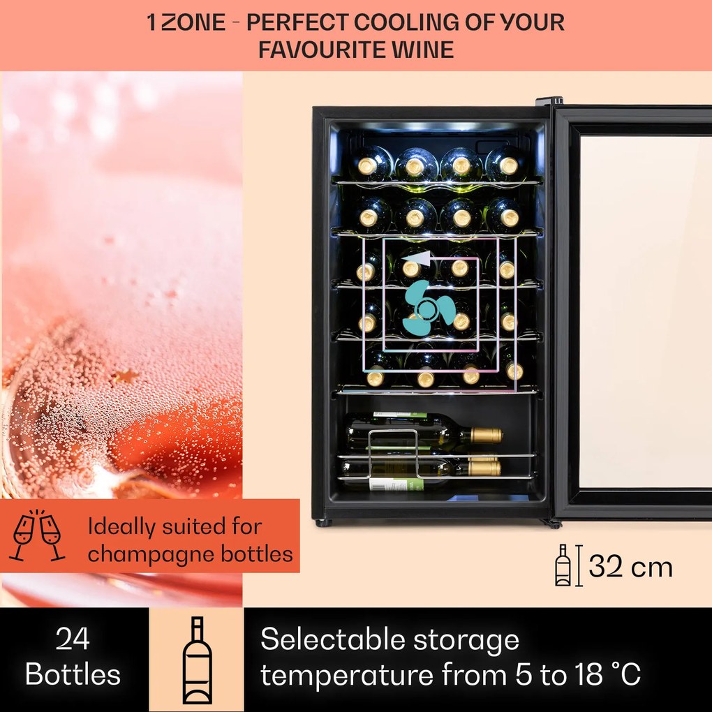 Klarstein Shiraz 24 Uno, borhűtő, 63 liter, 24 palack, 5-18°C, érintőképernyős vezérlőpanel