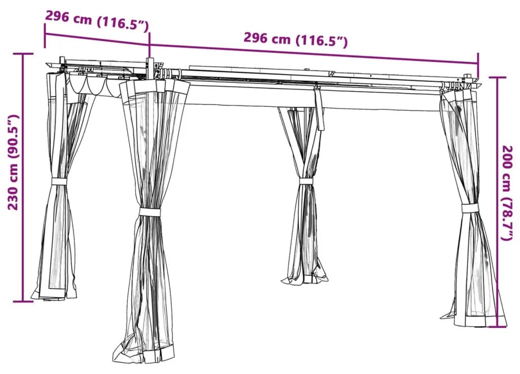 antracitszürke acél pavilon hálós oldalakkal 3 x 3 m