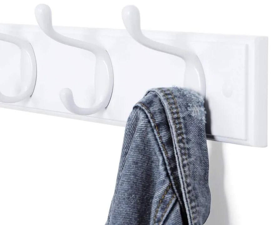 Fali fogas 4 fém kampóval, 40 x 7 x 9 cm, fehér