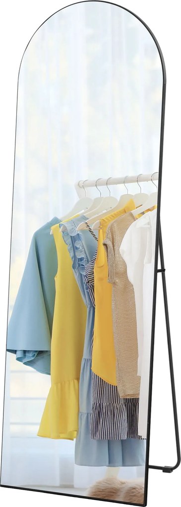 HOMCOM Teljes Test Tükör, 150 x 50 cm Fali Tükör Állvánnyal, Ívelt Dizájnnal, Padló Tükör Zúzásbiztos Fóliával, Nappaliba, Hálószobába, Fekete | Aosom