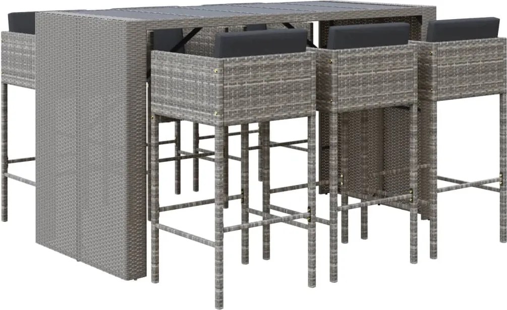 vidaXL 7 részes szürke polyrattan kerti bárszett párnákkal