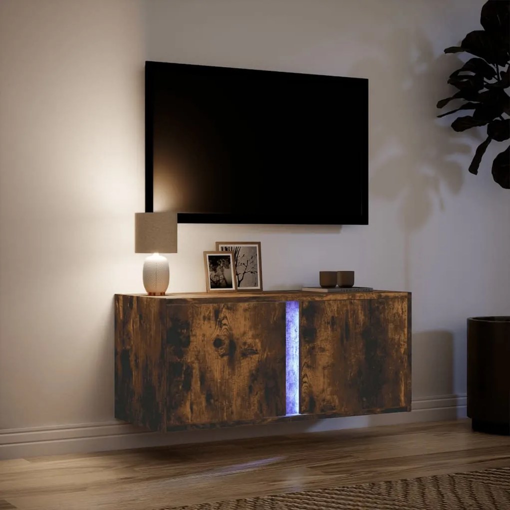 füstös tölgy színű fali TV-szekrény LED-ekkel 80x31x35 cm