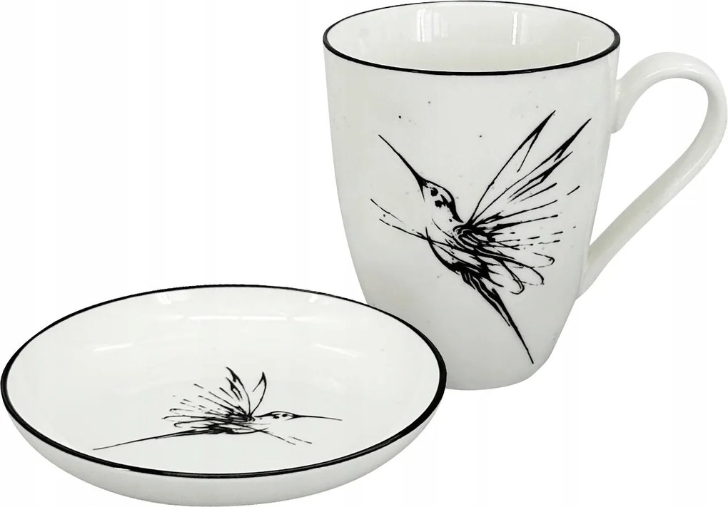 2 darabos szett Bögre 450ml és tál Bird, fehér/fekete
