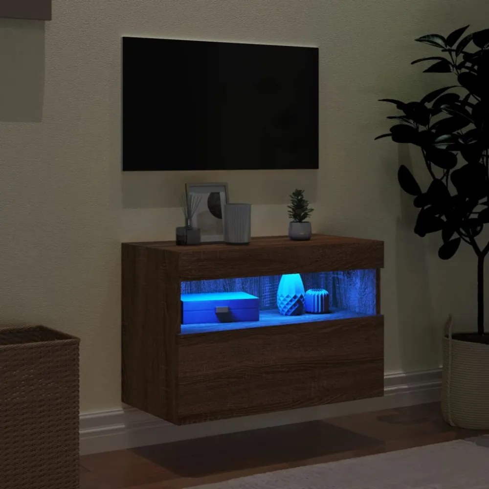barna tölgyszínű fali TV-szekrény LED-del 60 x 30 x 40 cm