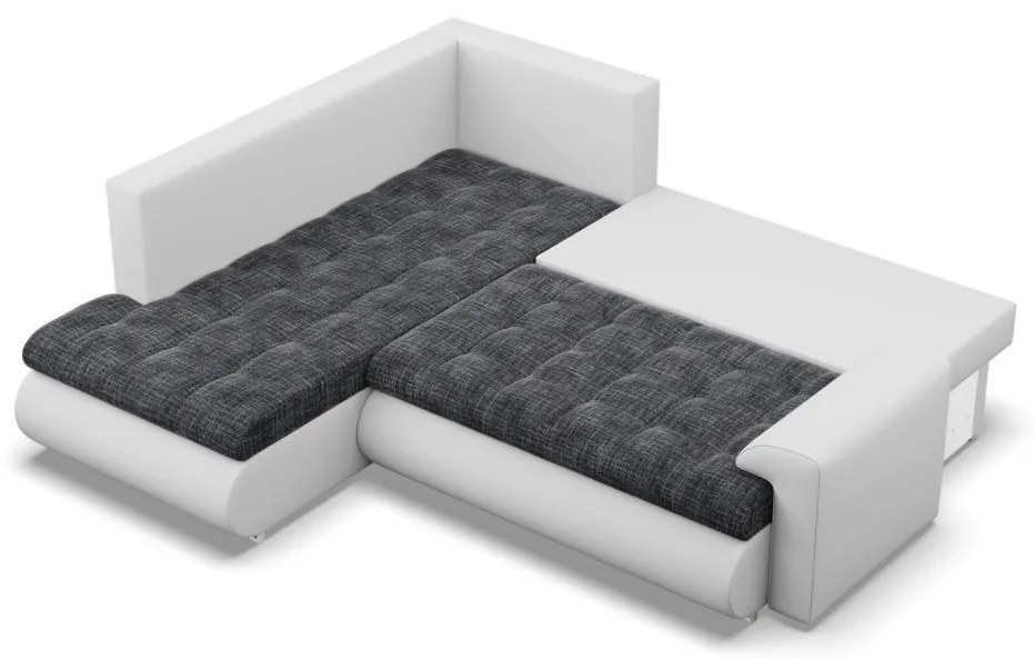 Tokio sarokkanapé, L alakú háttámlával, 2 ágyneműtartóval, fonott + műbőr, baloldali, sötétszürke - fehér