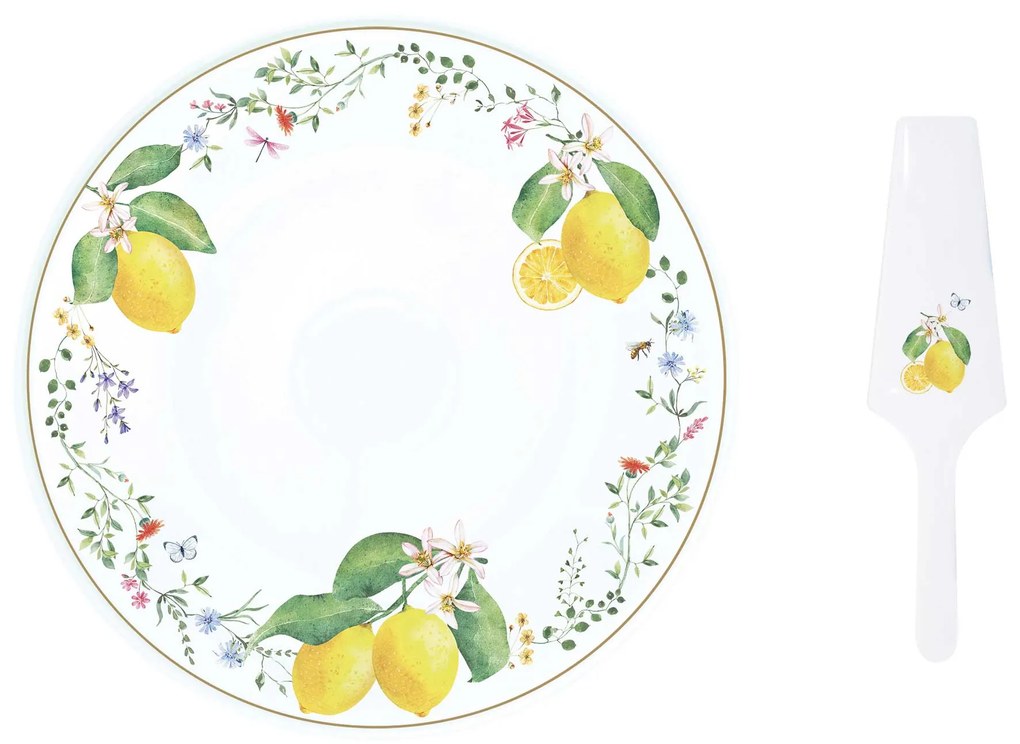 Mediterrán porcelán citrom mintás tortatál lapáttal 32 cm Fleurs et Citrons