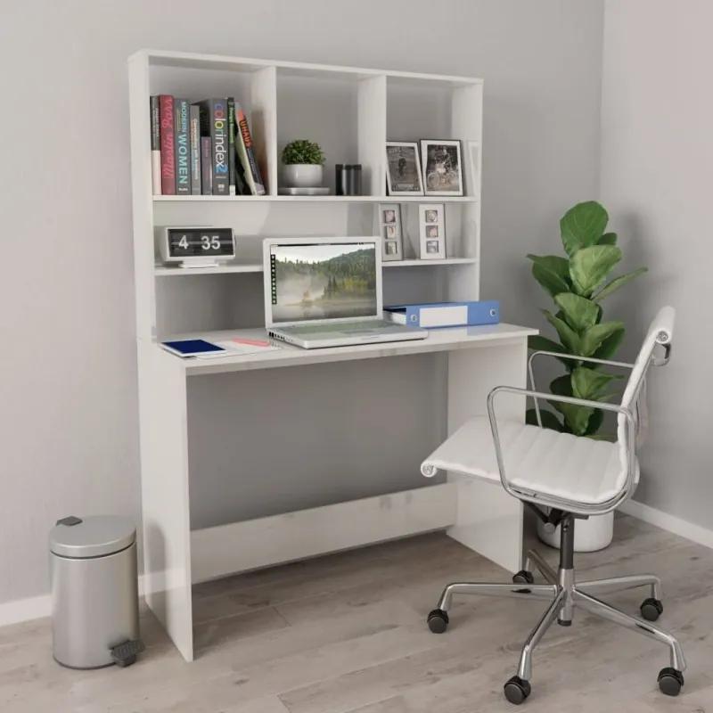 Magasfényű fehér forgácslap íróasztal polcokkal 110x45x157 cm
