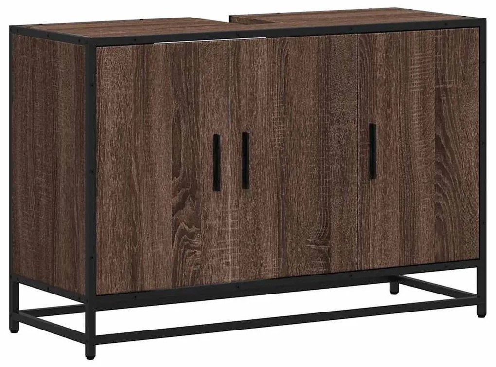 Barna tölgy szerelt fa fürdőszobai mosdószekrény 90x33x60 cm