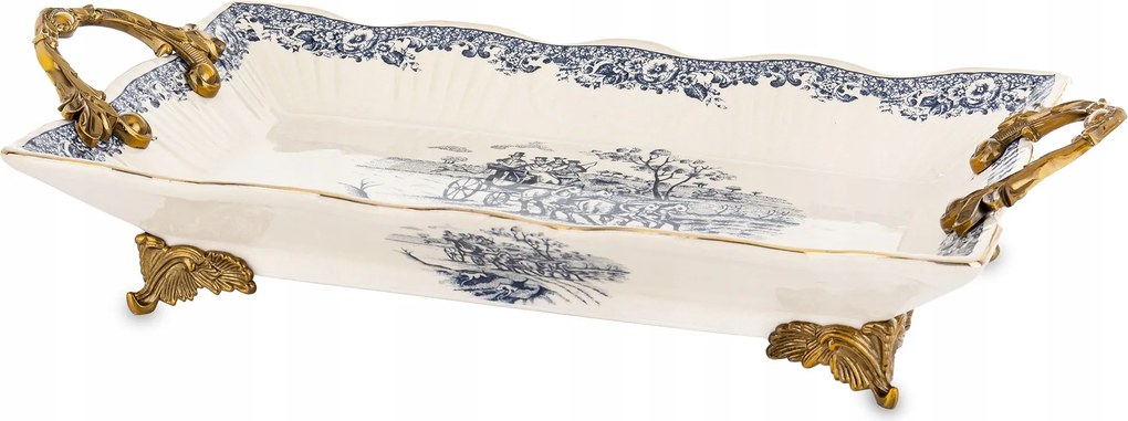 Palota tálca Retro kerámia öregített fehér kék arany patera láb