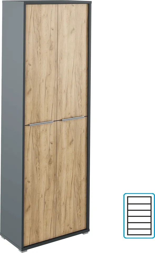 Magas szekrény polcokkal, grafit/tölgyfa artisan, RIOMA NEW TYP 05