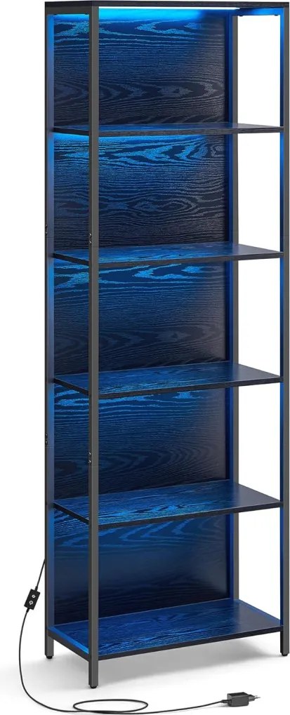 Könyvespolc, állítható LED világítással, acél kerettel, fekete 60x30x179cm