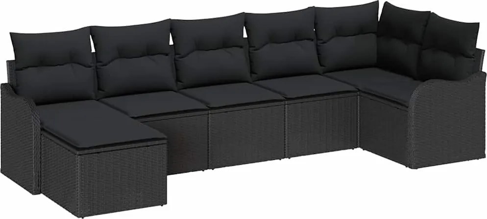vidaXL Kerti Kanapé Szett párnával 7 pcs Fekete Poli rattan