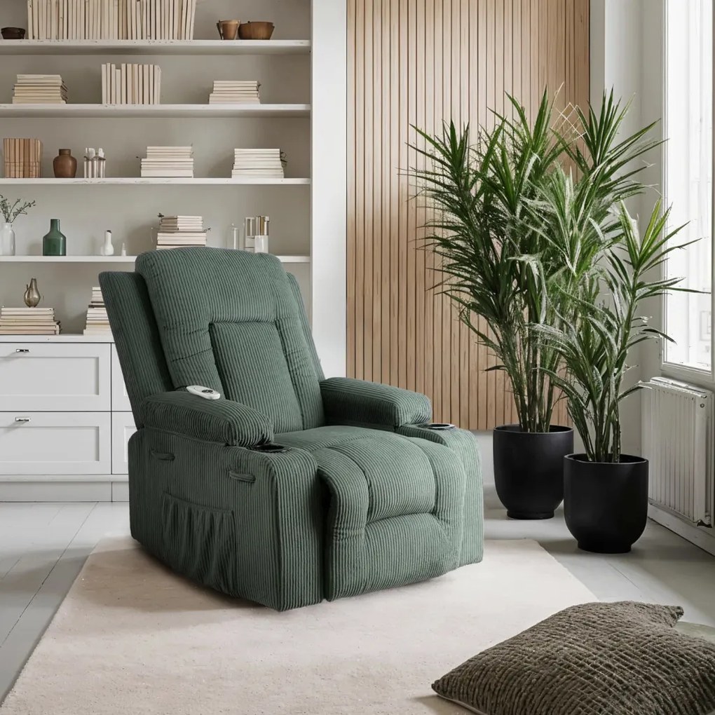 Elektromosan Vezérelhető Masszázsfunkciós Relaxfotel Zöld Kordbársony Kárpittal. BOX2