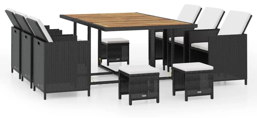 vidaXL 11 darabos fekete kültéri polyrattan és akácfa étkezőszett