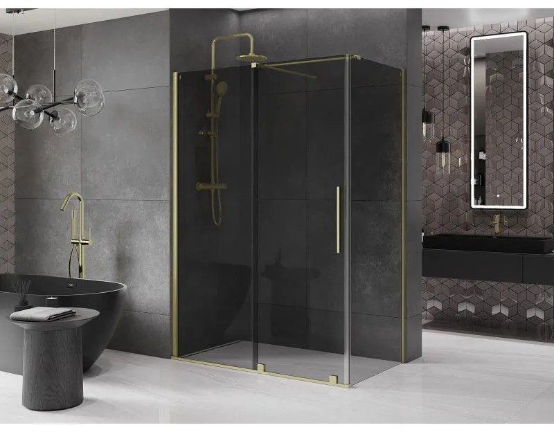 Mexen Velar, tolóajtós zuhanykabin 150 x 75 cm, 8mm szürke üveg, arany matt, 871-150-075-41-55