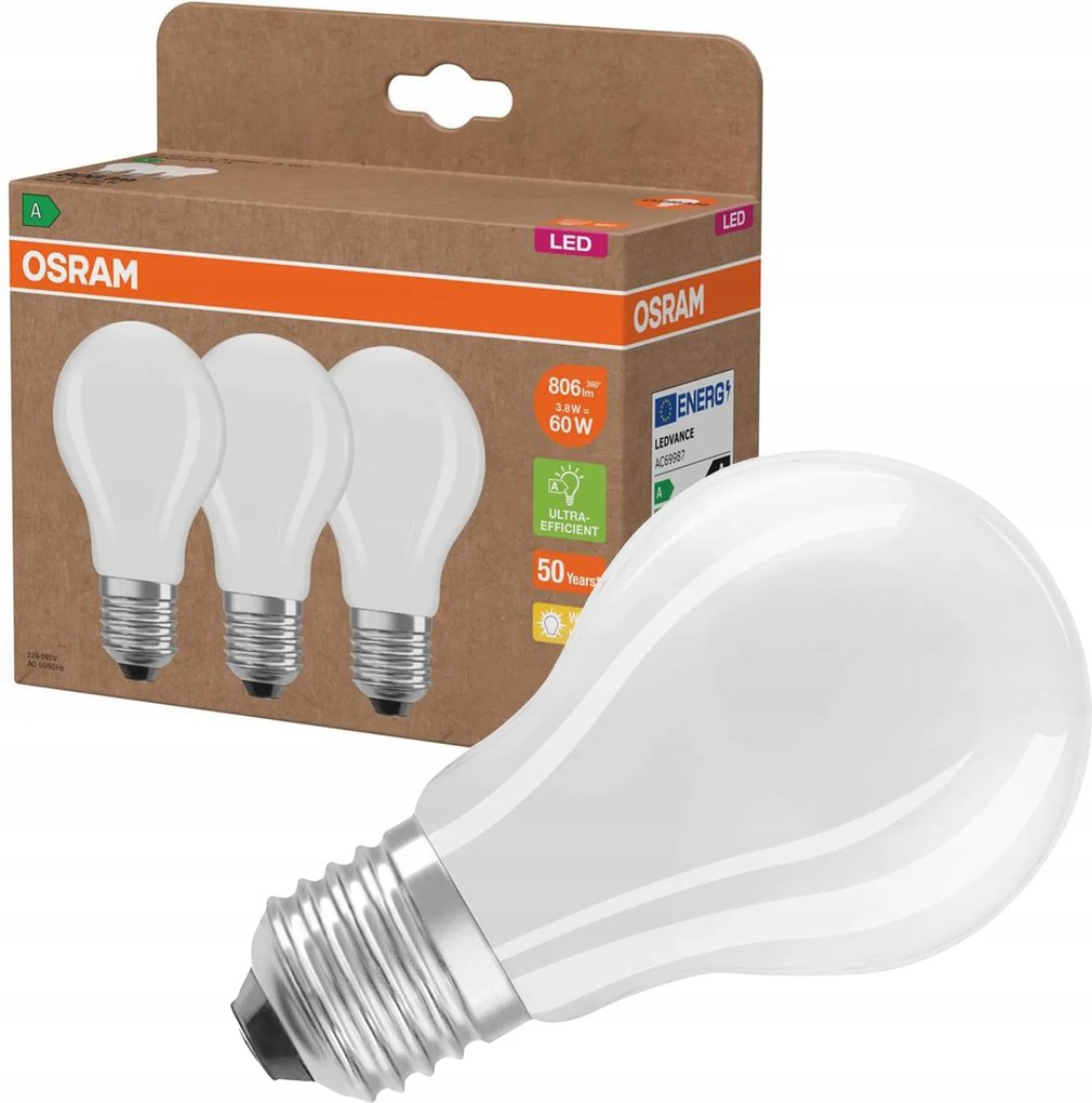 3x Led izzó A60 E27 3.8W 806lm 2700K Classic Energy Efficiency Osram
